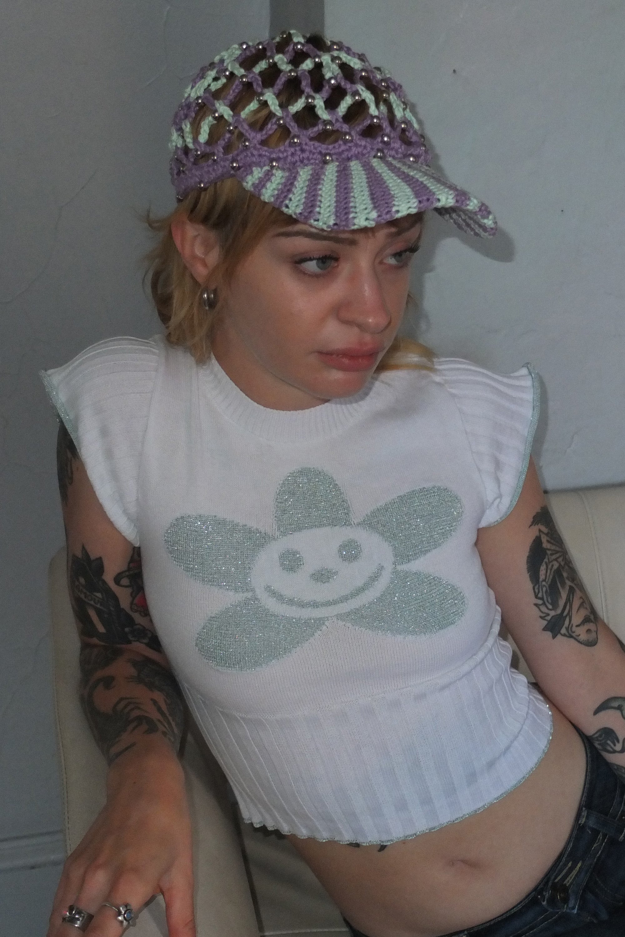 MESH BBALL CAP- PURPLE + GREEN STRIPE