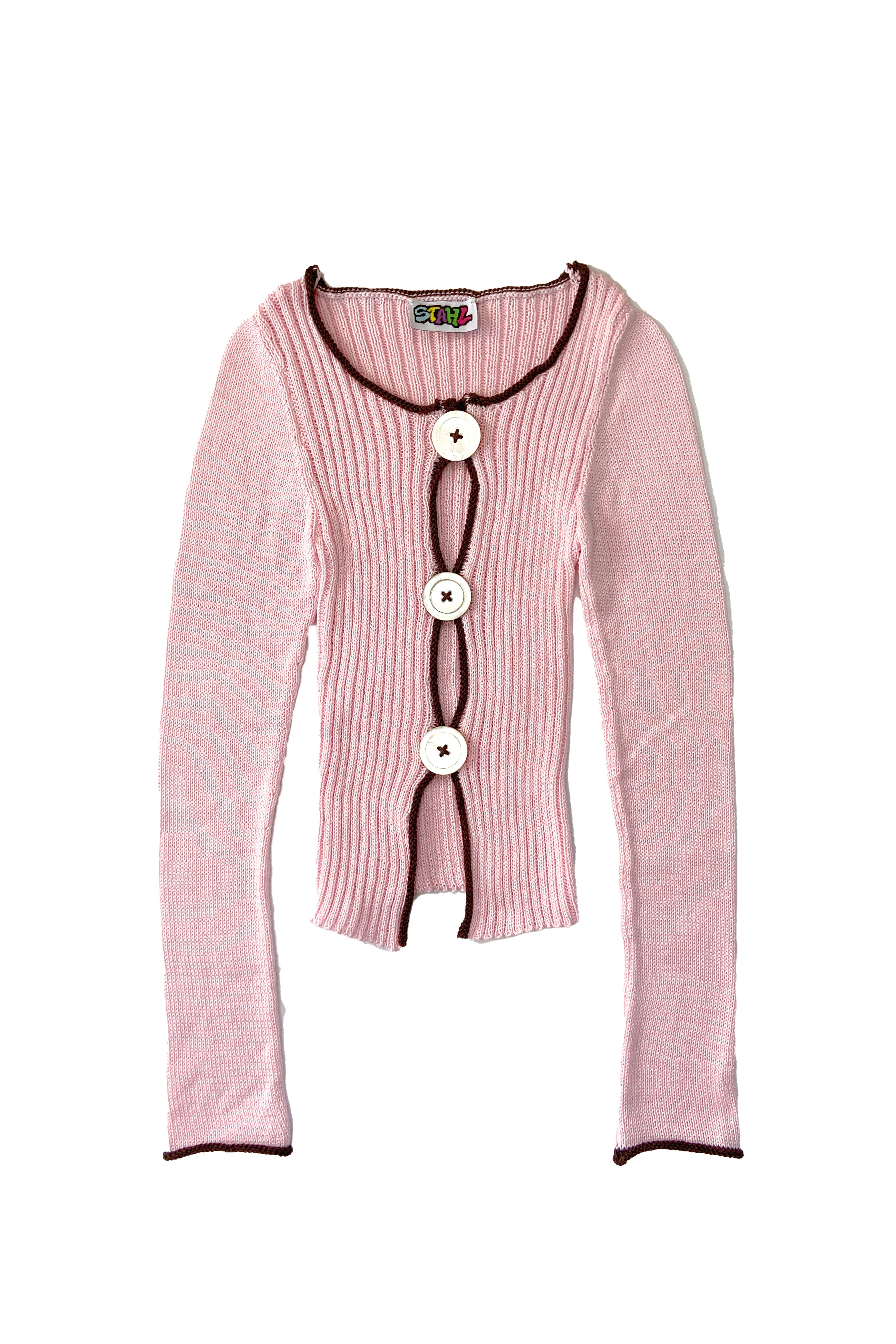 BUTTON UP CARDIGAN- BABY PINK/BROWN