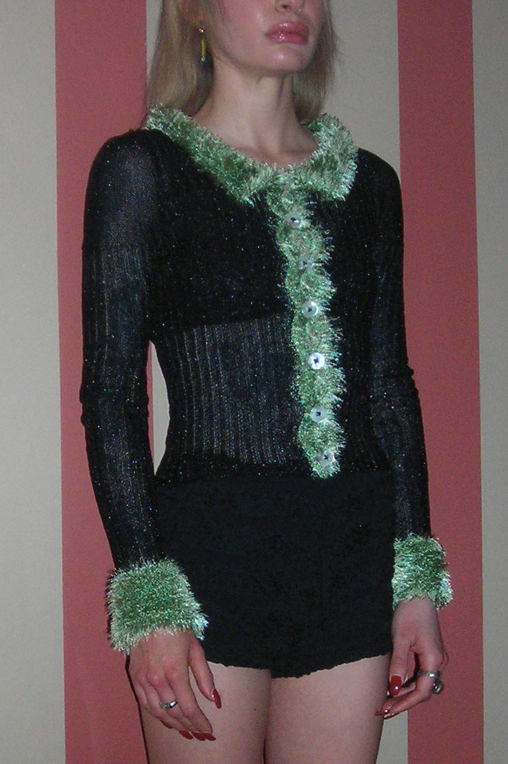 SHEER FUR TRIM CARDIGAN